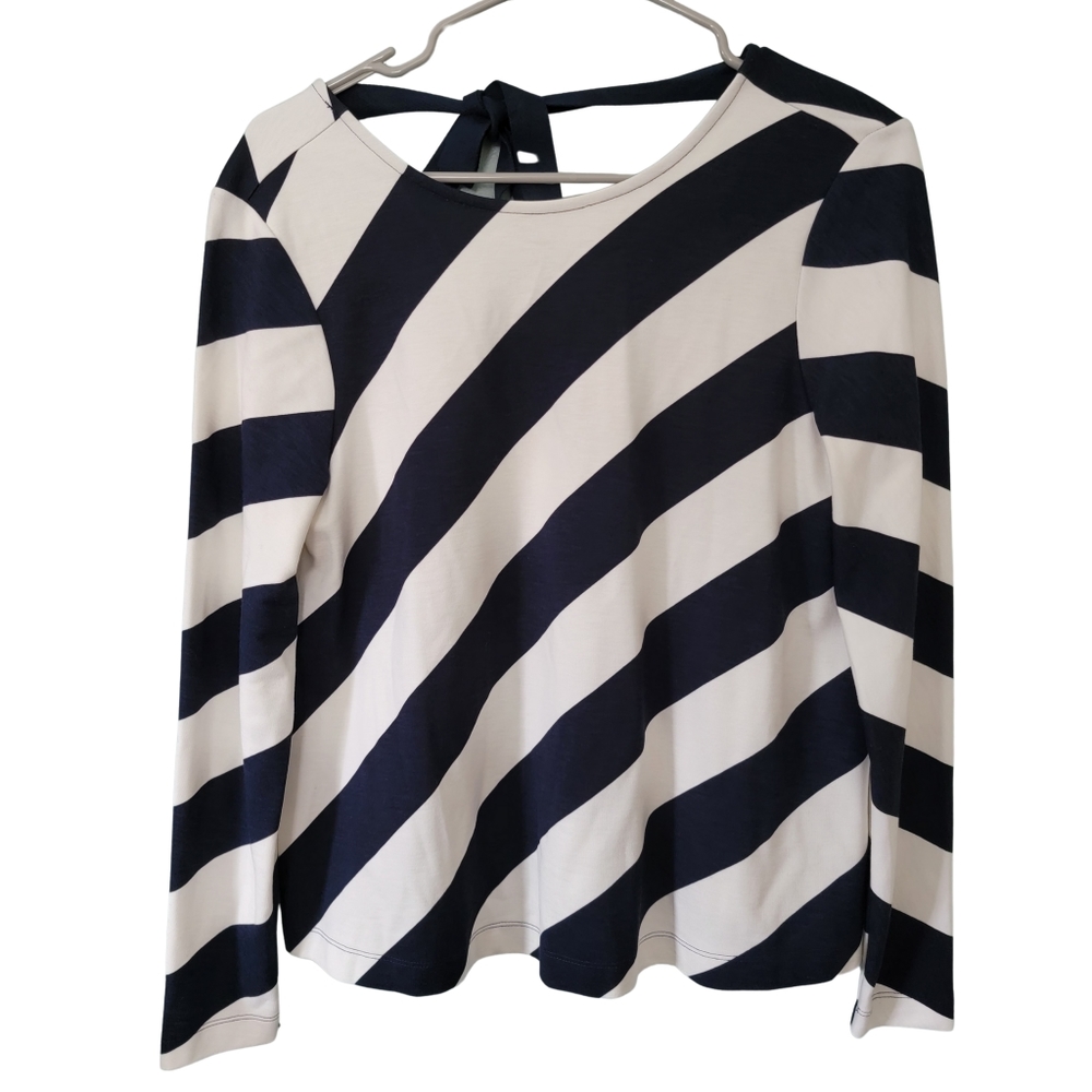 Ann Taylor Navy & White Diagonal Stripe Semi-Open Tie Back Ribbon Top Size XS